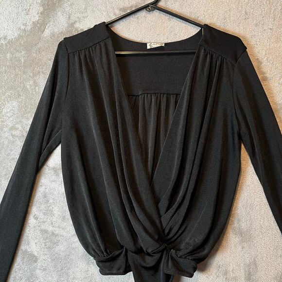 Free People Black Turnt Faux Wrap Long Sleeve Bodysuit Size Small - Picture 2 of 6